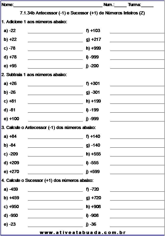 Atividade 7.1.34b Antecessor (-1) e Sucessor (+1) de Números Inteiros (Z)