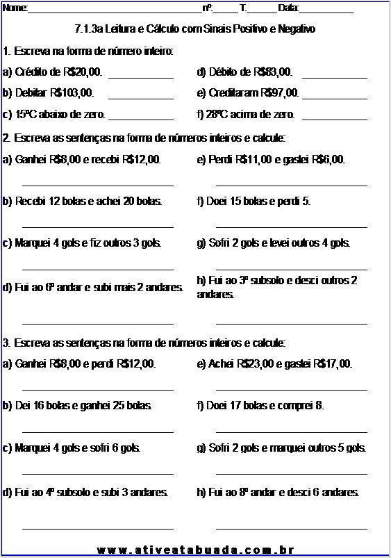 Atividade 7.1.3a Leitura e Cálculo com Sinais Positivo e Negativo