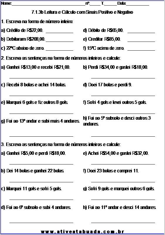 Atividade 7.1.3b Leitura e Cálculo com Sinais Positivo e Negativo