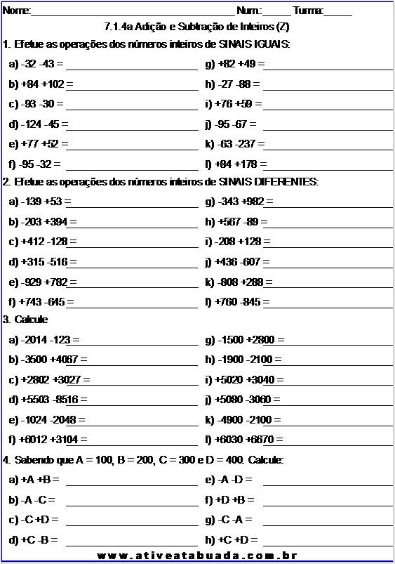 Atividade 7.1.4a Adição e Subtração de Inteiros (Z)