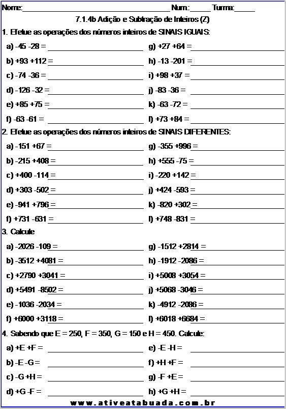 Atividade 7.1.4b Adição e Subtração de Inteiros (Z)