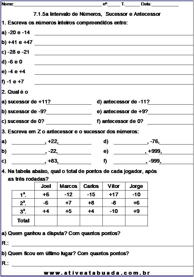 Atividade 7.1.5a Intervalo de Números,  Sucessor e Antecessor