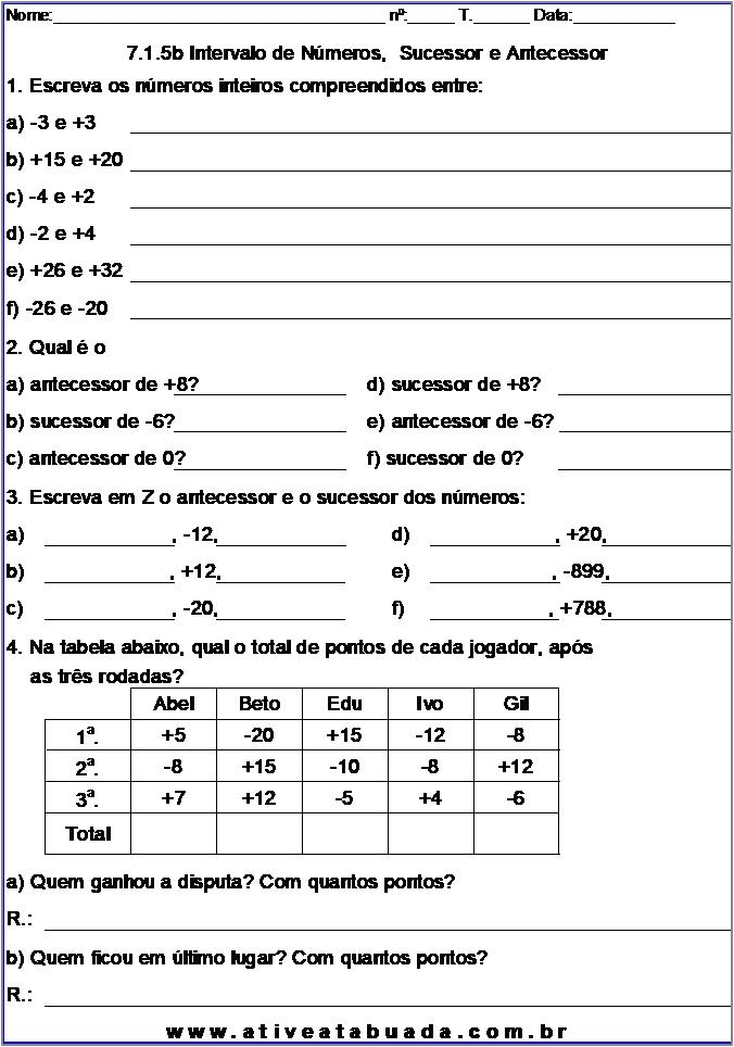 Atividade 7.1.5b Intervalo de Números,  Sucessor e Antecessor