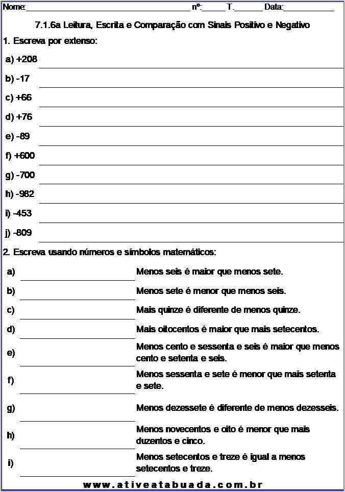 Atividade 7.1.6a Leitura, Escrita e Comparação com Sinais Positivo e Negativo