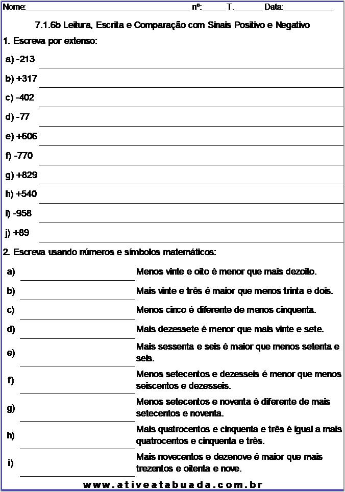 Atividade 7.1.6b Leitura, Escrita e Comparação com Sinais Positivo e Negativo