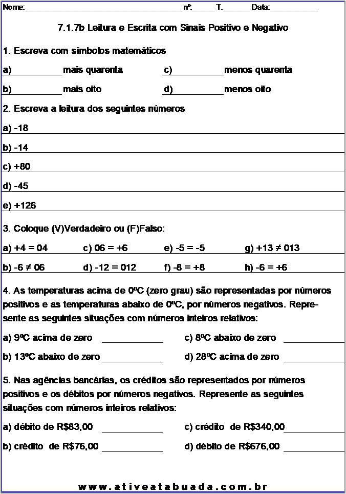 Atividade 7.1.7b Leitura e Escrita com Sinais Positivo e Negativo