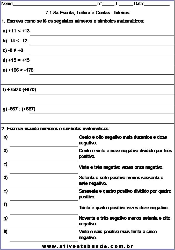 Atividade 7.1.8a Escrita, Leitura e Contas - Inteiros