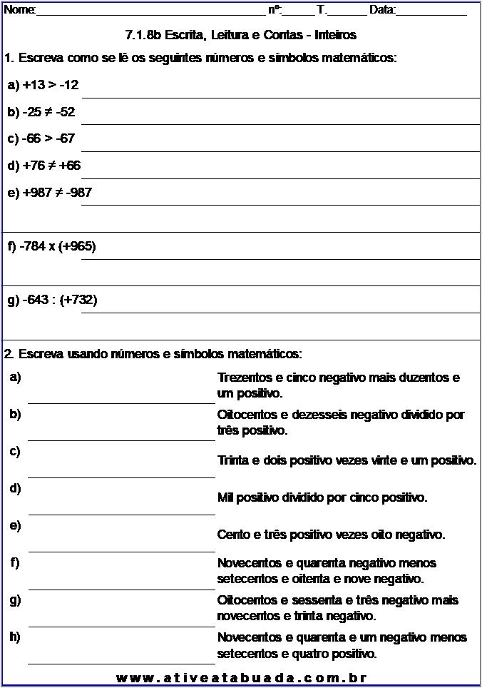 Atividade 7.1.8b Escrita, Leitura e Contas - Inteiros