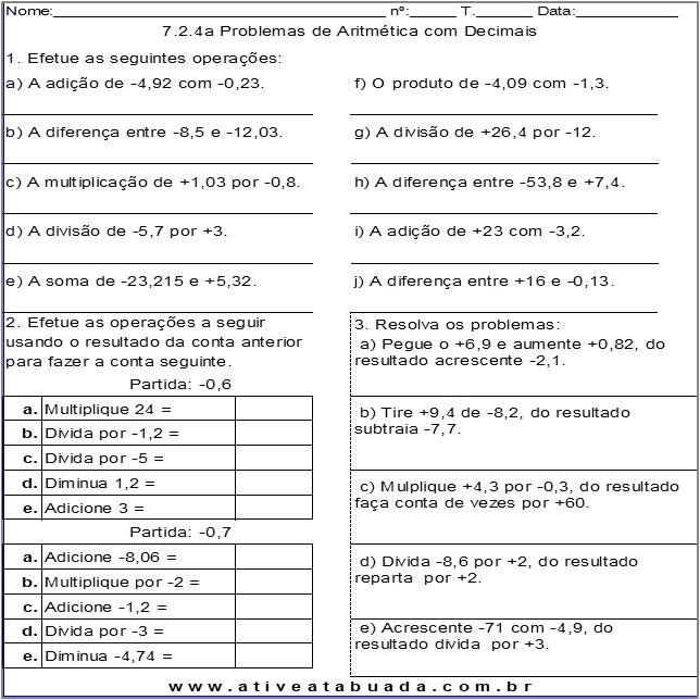 Atividade 7.2.4a Problemas de Aritmética com Decimais