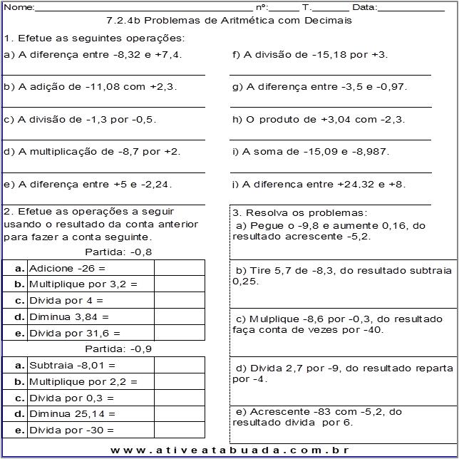 Atividade 7.2.4b Problemas de Aritmética com Decimais