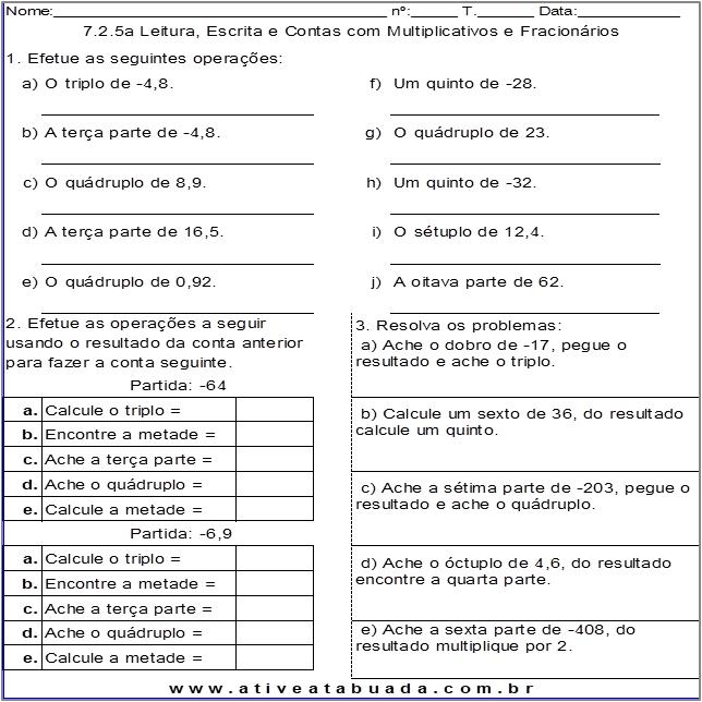 Atividade 7.2.5a Leitura, Escrita e Contas com Multiplicativos e Fracionários