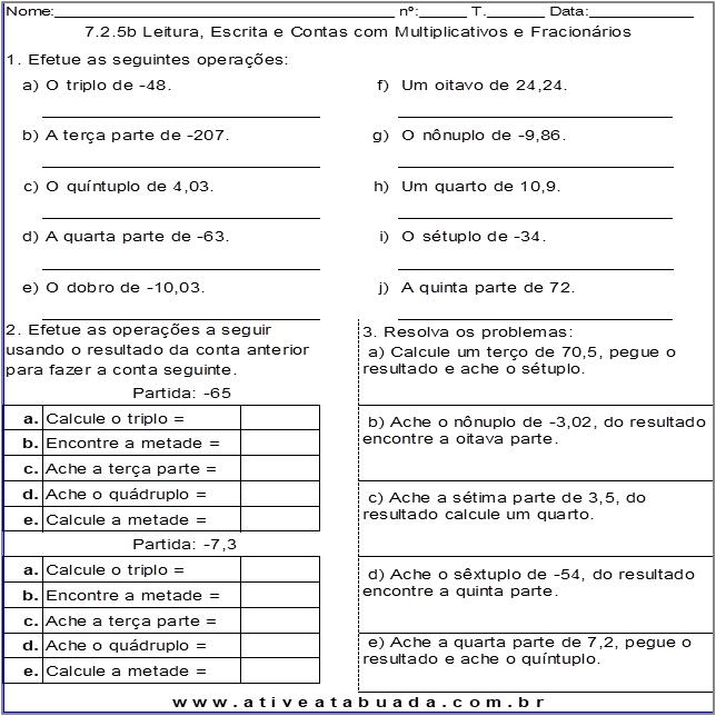 Atividade 7.2.5b Leitura, Escrita e Contas com Multiplicativos e Fracionários