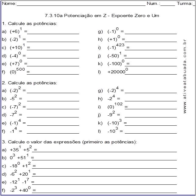 Atividade 7.3.10a Potenciação em Z - Expoente Zero e Um