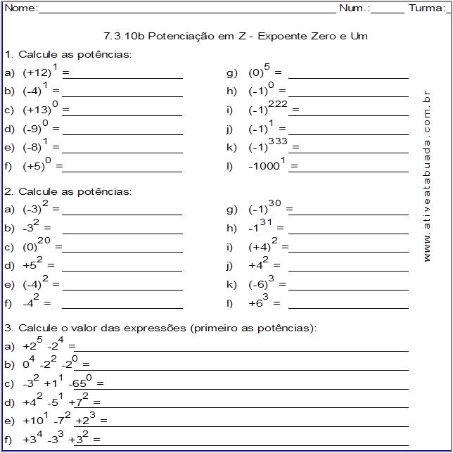 Atividade 7.3.10b Potenciação em Z - Expoente Zero e Um