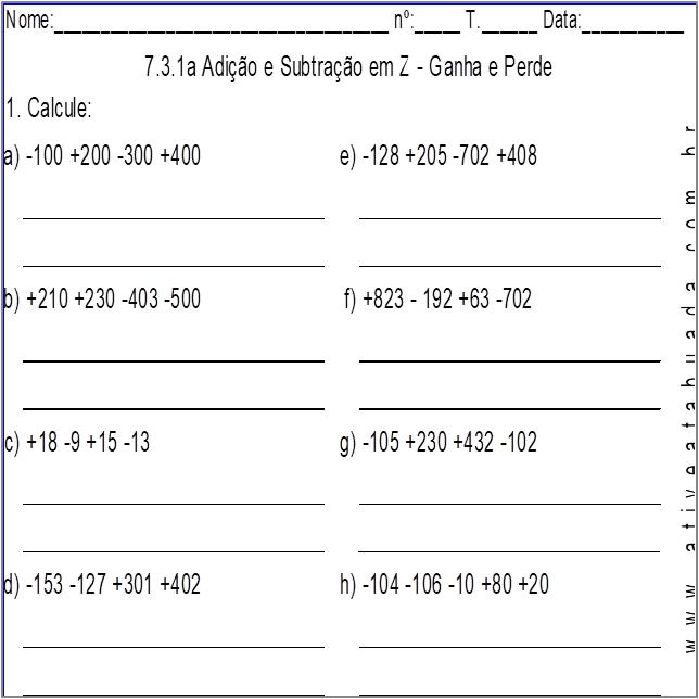 Atividade 7.3.1a Adição e Subtração em Z - Ganha e Perde