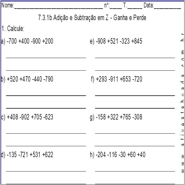 Atividade 7.3.1b Adição e Subtração em Z - Ganha e Perde