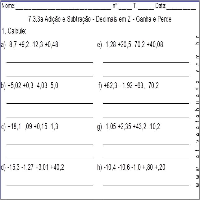 Atividade 7.3.3a Adição e Subtração - Decimais em Z - Ganha e Perde