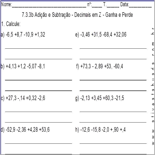 Atividade 7.3.3b Adição e Subtração - Decimais em Z - Ganha e Perde