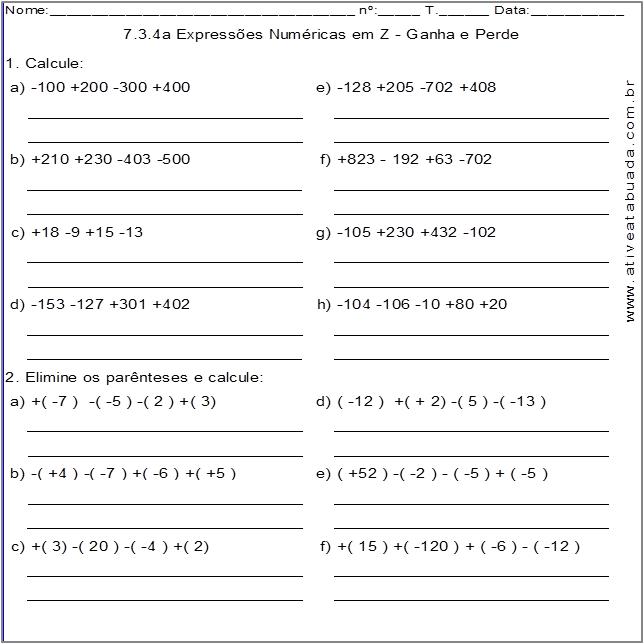 Atividade 7.3.4a Expressões Numéricas em Z - Ganha e Perde