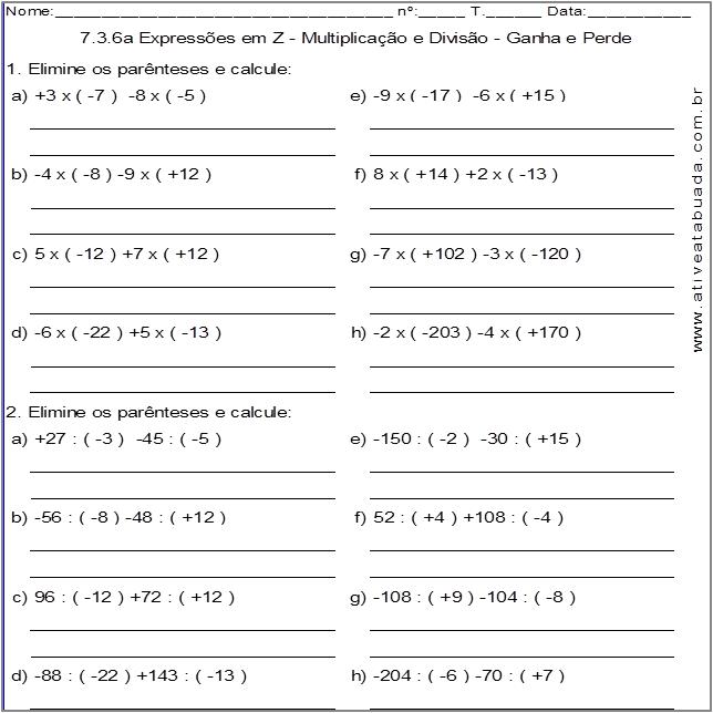 Atividade 7.3.6a Expressões em Z - Multiplicação e Divisão - Ganha e Perde