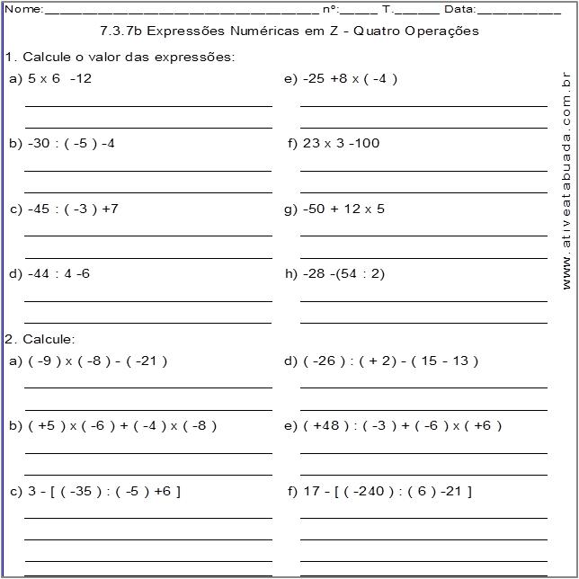 Atividade 7.3.7b Expressões Numéricas em Z - Quatro Operações