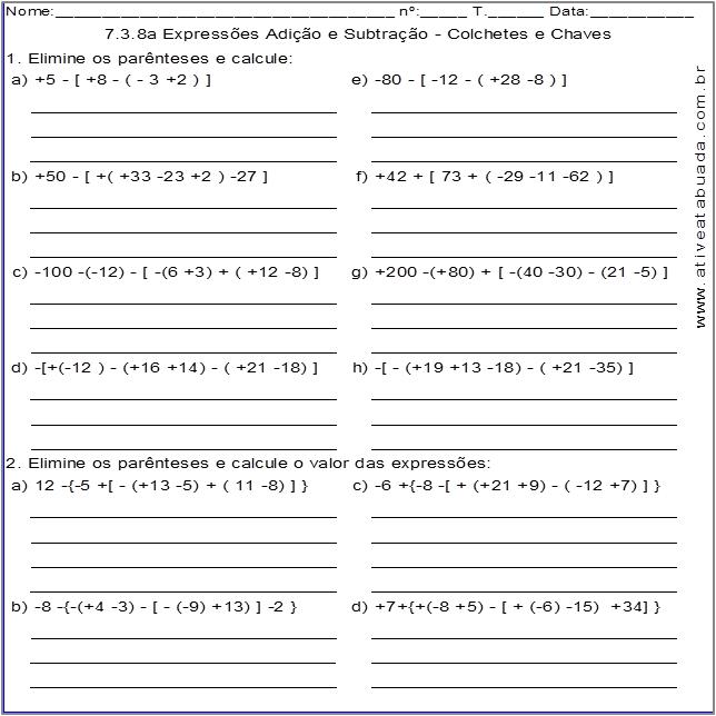 Atividade 7.3.8a Expressões Adição e Subtração - Colchetes e Chaves