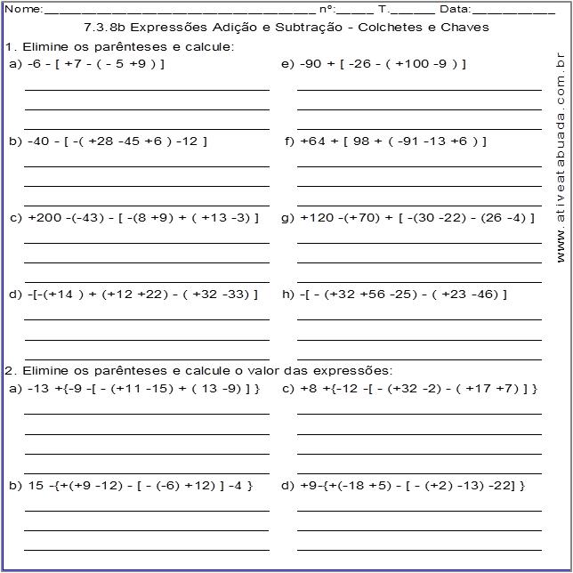 Atividade 7.3.8b Expressões Adição e Subtração - Colchetes e Chaves