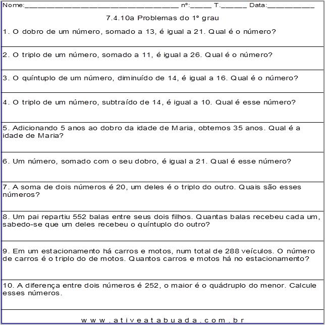 Atividade 7.4.10a Problemas do 1º grau