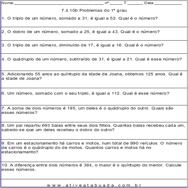 Atividade 7.4.10b Problemas do 1º grau