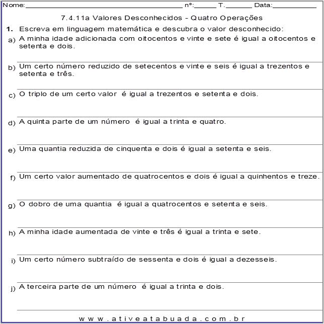 Atividade 7.4.11a Valores Desconhecidos - Quatro Operações