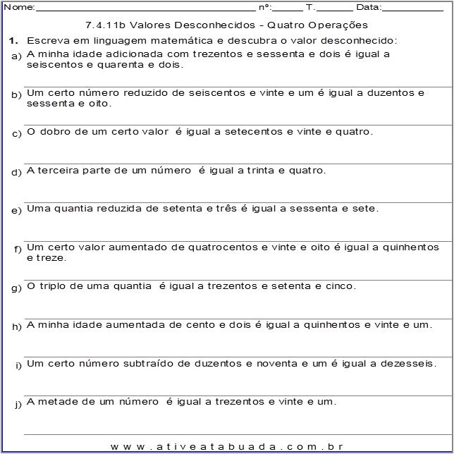 Atividade 7.4.11b Valores Desconhecidos - Quatro Operações