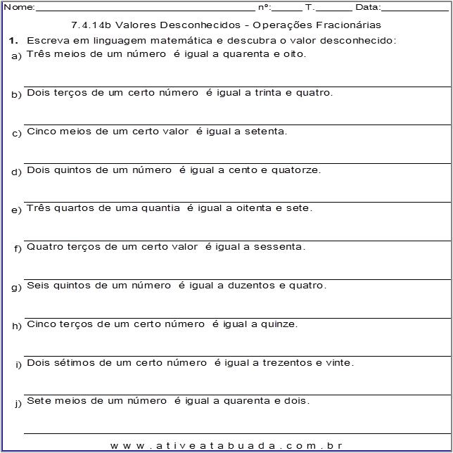 Atividade 7.4.14b Valores Desconhecidos - Operações Fracionárias