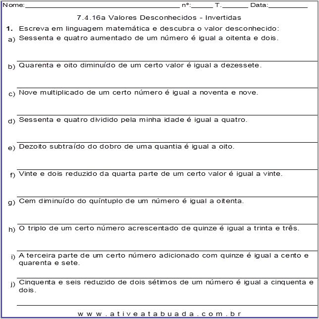 Atividade 7.4.16a Valores Desconhecidos - Invertidas