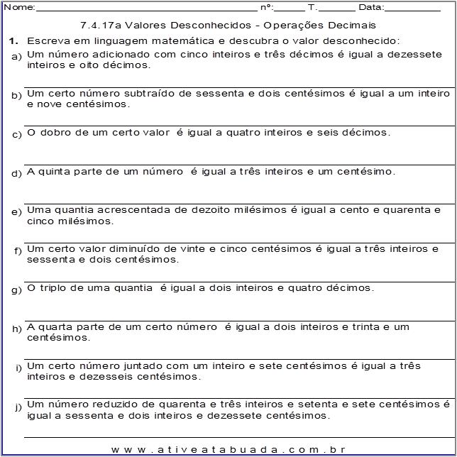 Atividade 7.4.17a Valores Desconhecidos - Operações Decimais