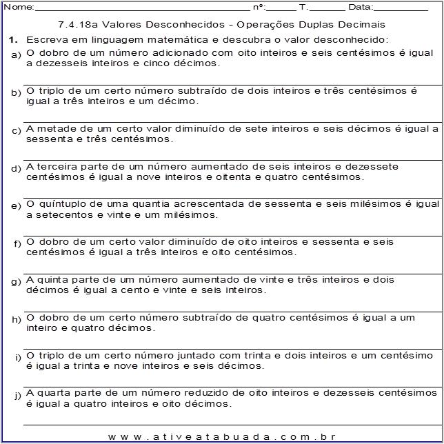 Atividade 7.4.18a Valores Desconhecidos - Operações Duplas Decimais