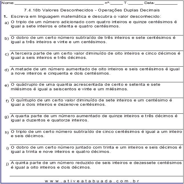 Atividade 7.4.18b Valores Desconhecidos - Operações Duplas Decimais