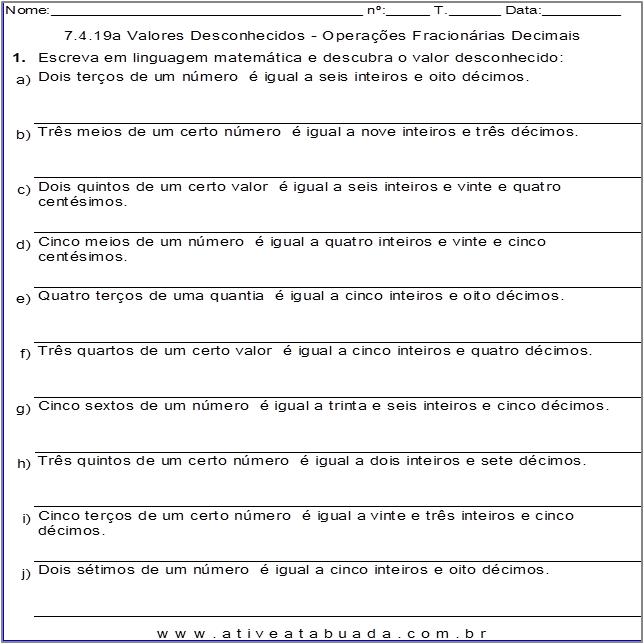 Atividade 7.4.19a Valores Desconhecidos - Operações Fracionárias Decimais