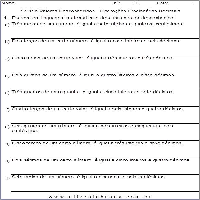 Atividade 7.4.19b Valores Desconhecidos - Operações Fracionárias Decimais