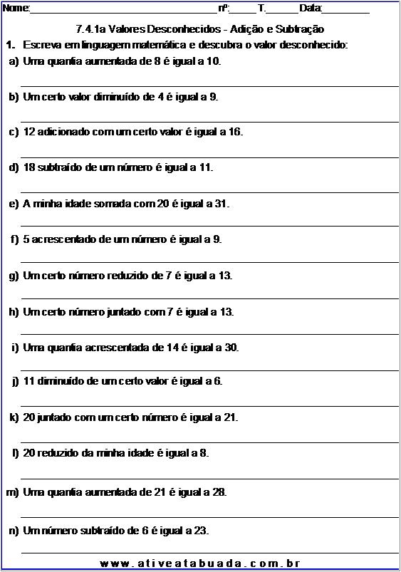 Atividade 7.4.1a Valores Desconhecidos - Adição e Subtração