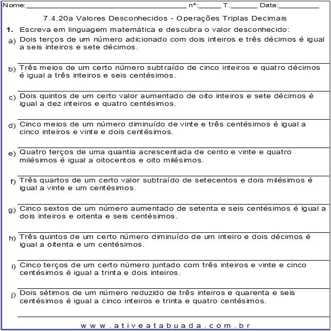 Atividade 7.4.20a Valores Desconhecidos - Operações Triplas Decimais