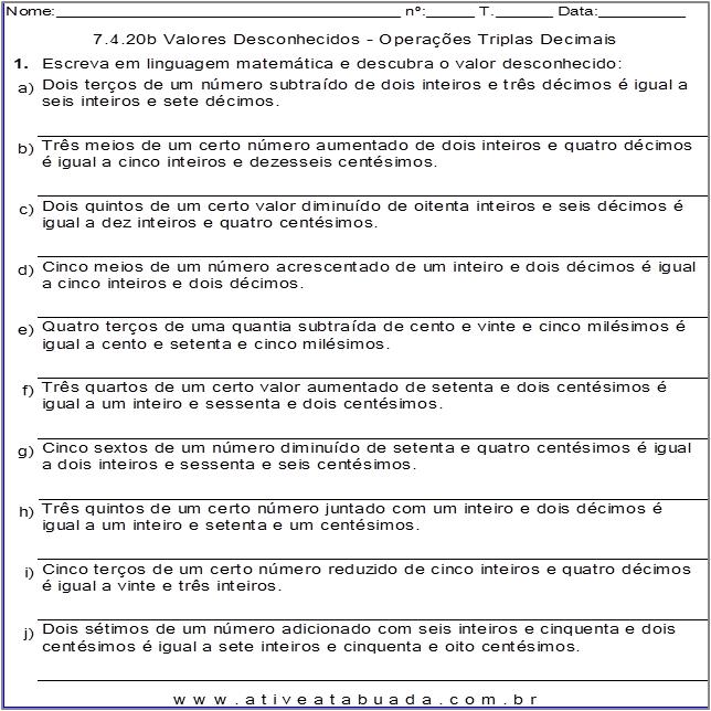 Atividade 7.4.20b Valores Desconhecidos - Operações Triplas Decimais