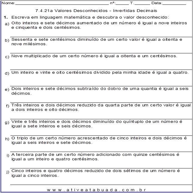Atividade 7.4.21a Valores Desconhecidos - Invertidas Decimais