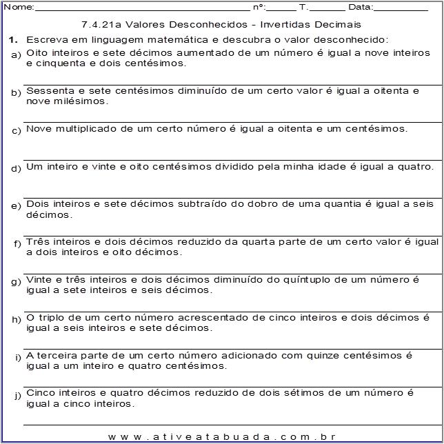 Atividade 7.4.21a Valores Desconhecidos - Invertidas Decimais