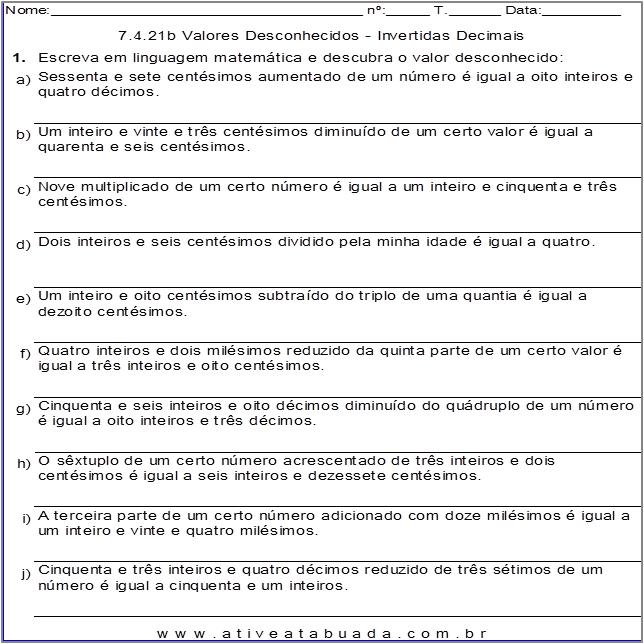 Atividade 7.4.21b Valores Desconhecidos - Invertidas Decimais