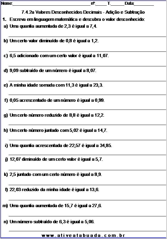 Atividade 7.4.2a Valores Desconhecidos Decimais - Adição e Subtração