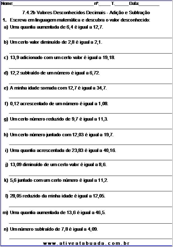 Atividade 7.4.2b Valores Desconhecidos Decimais - Adição e Subtração