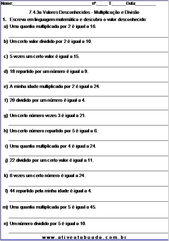 Atividade 7.4.3a Valores Desconhecidos - Multiplicação e Divisão