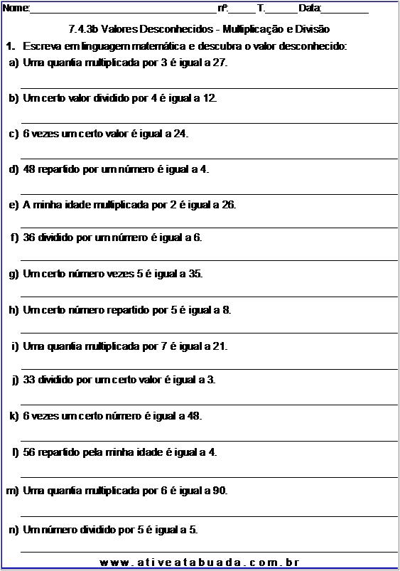 Atividade 7.4.3b Valores Desconhecidos - Multiplicação e Divisão