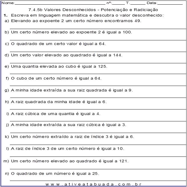 Atividade 7.4.5b Valores Desconhecidos - Potenciação e Radiciação