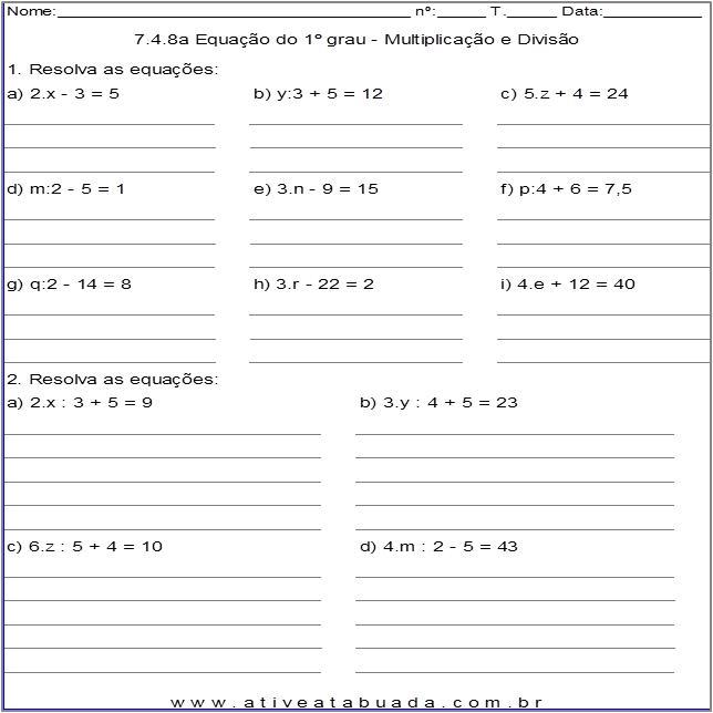Atividade 7.4.8a Equação do 1º grau - Multiplicação e Divisão